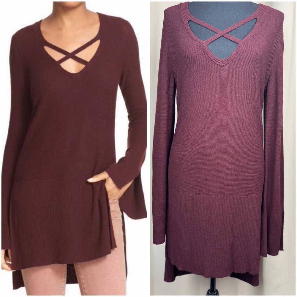 Free People Casual Bohemian Crisscross Sweater Top Hi low Color Wine size M